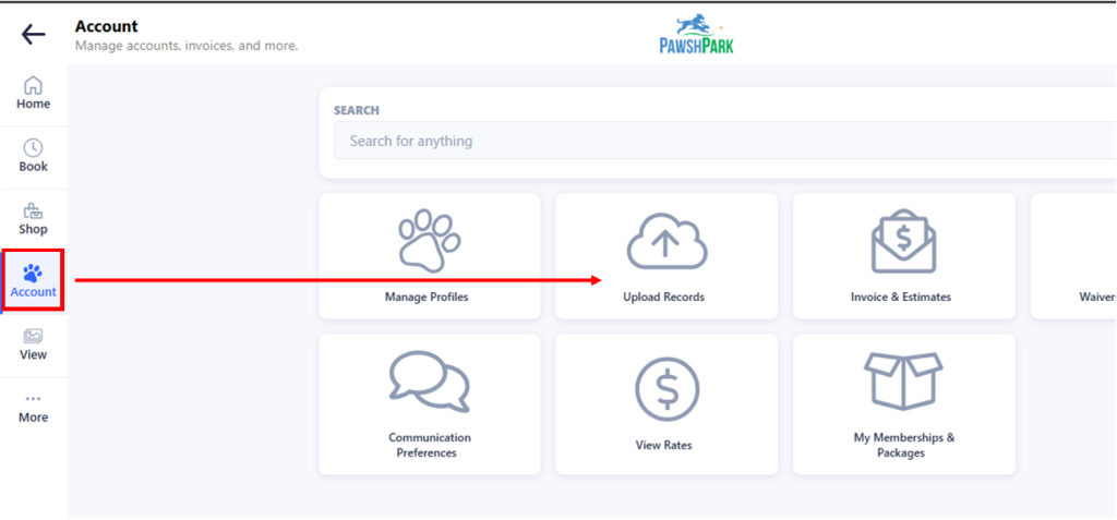 The Pawsh Park customer portal Account page, with the Upload Records option