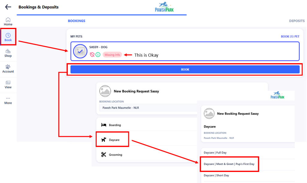 The Pawsh Park customer portal booking screen, choosing Daycare and then Meet and Greet