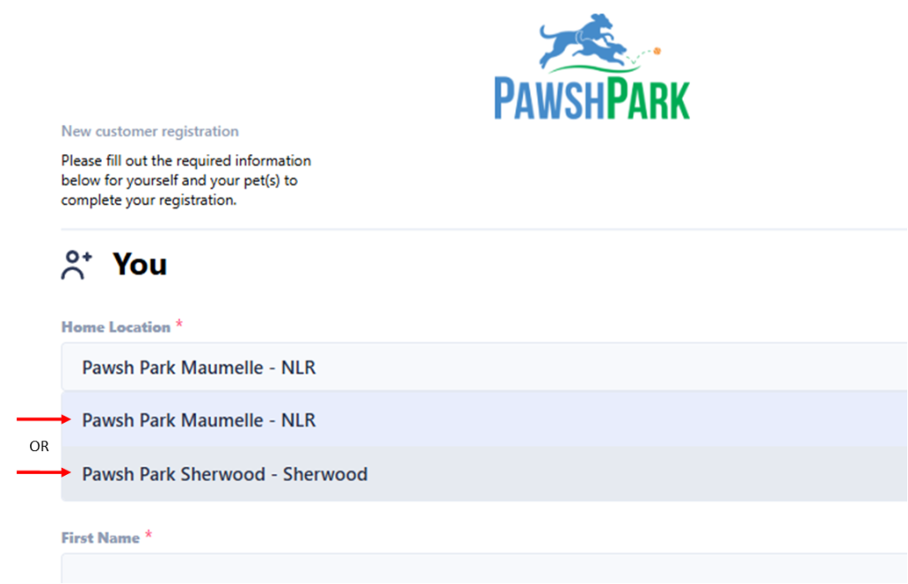 The Pawsh Park online registration form, where you choose Pawsh Park Maumelle or Pawsh Park Sherwood as your home location