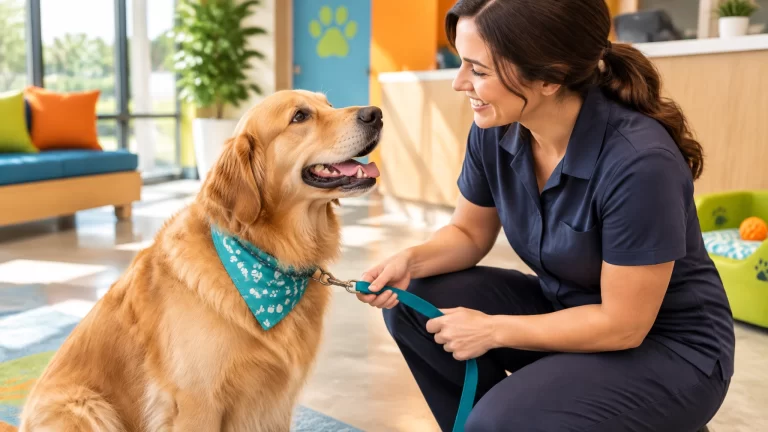 A golden retriever and a staff member on a leash in the Pawsh Park lobby