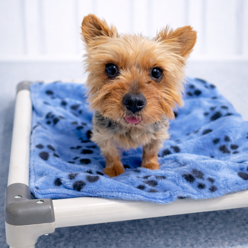 Small dog standing happily on a raised bed with soft bedding